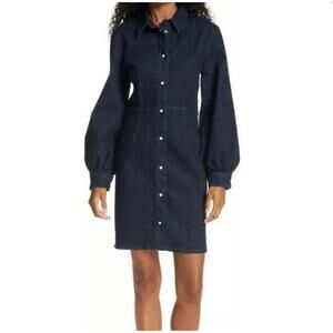 Samsoe Samsoe Dress Indigo Blue Jean Denim Snap Front Puff Sleeve Sz XS